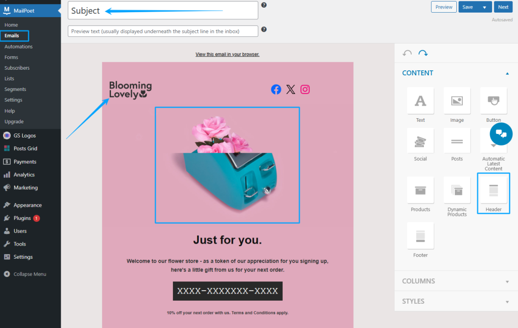 Customize the Email Header